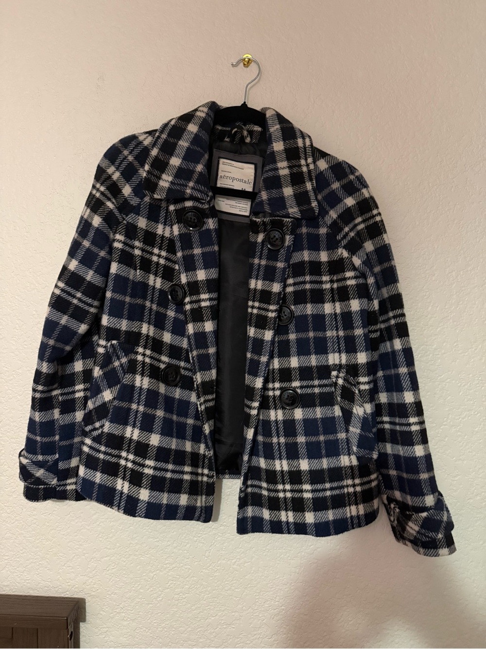 Aeropostale Navy & White Plaid Peacoat